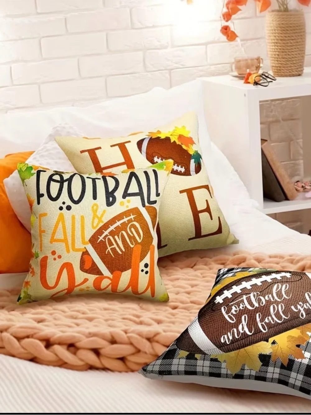 🆕 4 pc Fall Football Throw Pillow Set - Cream and Brown